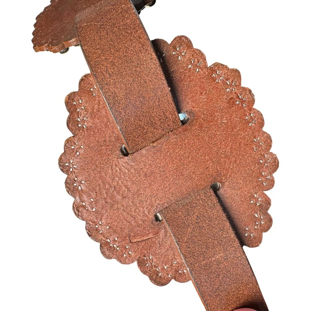 Vintage 80s Leather Concho Belt Brown Silver Hardware Heavy Western Large - Picture 4 of 10